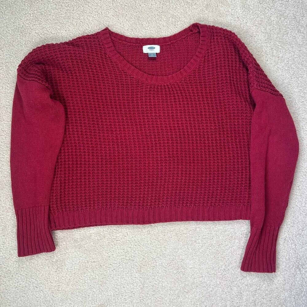 Old Navy Waffle Knit Cropped Crewneck Sweater Top Red Stitch Long Sleeve Size M